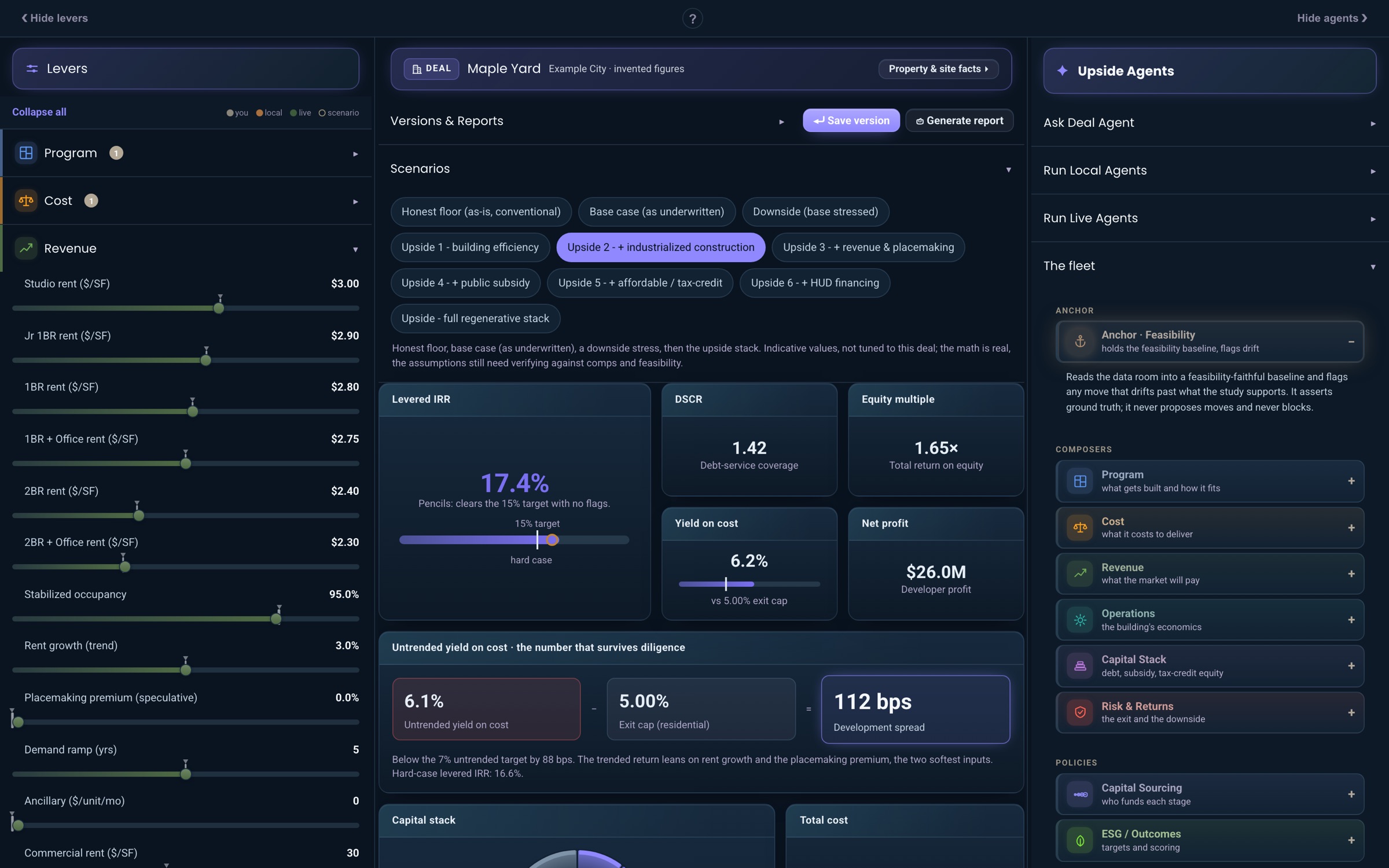 The Upside Explorer on an invented sample deal: levers on the left, scenarios and the live dashboard in the middle, the agent fleet on the right